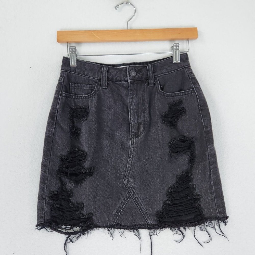 Hollister Skirt Womens 1 Black Distressed A Line Ultra High Rise Denim Raw Hem